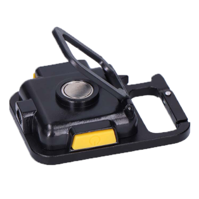 Dispositivo eletrônico preto com botão amarelo e alça preta articulada