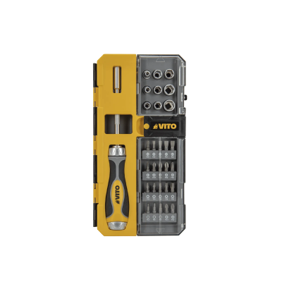 Conjunto de ferramentas VITO amarelo e preto com várias pontas e soquetes