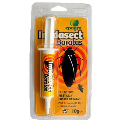 Gel inseticida contra baratas com seringa em embalagem plástica laranja e preta