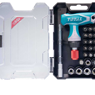 Conjunto de ferramentas com chave de fendas azul e branca e 24 bits em estojo preto com tampa transparente