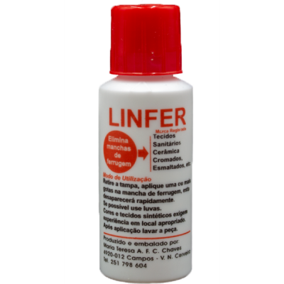 Frasco de plástico branco com tampa vermelha do produto LINFER para eliminar manchas de ferrugem