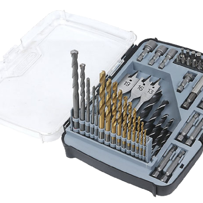 Conjunto de brocas e acessórios para perfuração em estojo plástico cinzento e transparente