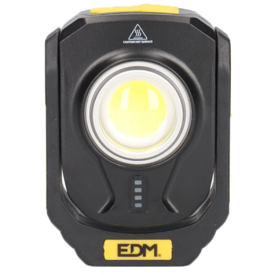 Lanterna EDM preta e amarela com luz circular e indicador de bateria