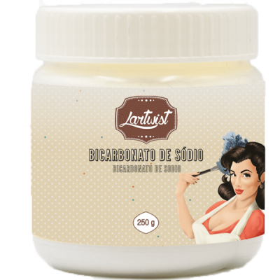 Frasco de bicarbonato de sódio Lartwist 250g com etiqueta bege e mulher ilustrada