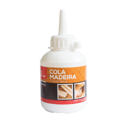 Frasco branco de cola para madeira com rótulo laranja, vermelho e preto