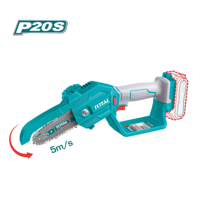 Mini motosserra elétrica azul turquesa e cinza com corrente metálica e indicação 5m/s.