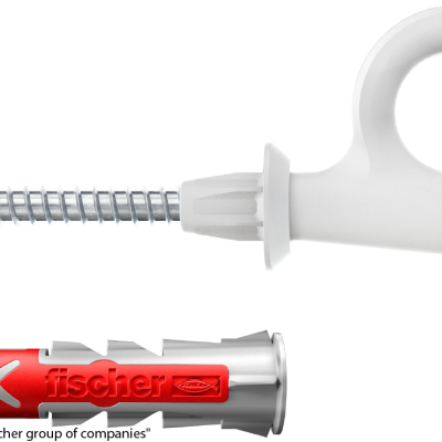 Parafuso metálico com cabeça circular branca e bucha de plástico com marca fischer