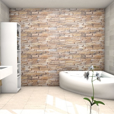 Casa de banho moderna com banheira, sanita, lavatório, móvel estante, paredes de azulejos e tijolos decorativos