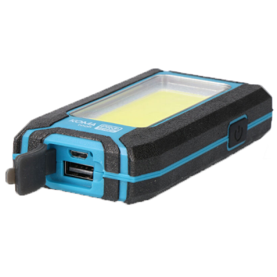 lanterna retangular compacta com corpo preto e azul e painel transparente