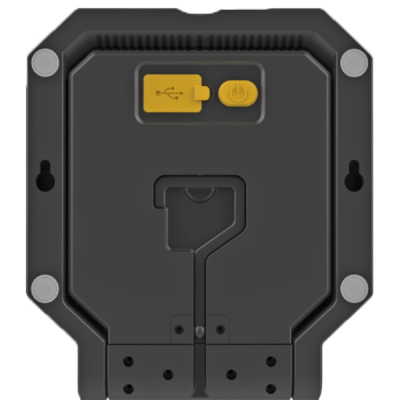 Dispositivo eletrônico preto com tampa amarela, botão e símbolo USB