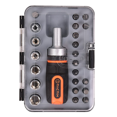 Conjunto de ferramentas TACTIX com bits e soquetes numa caixa transparente