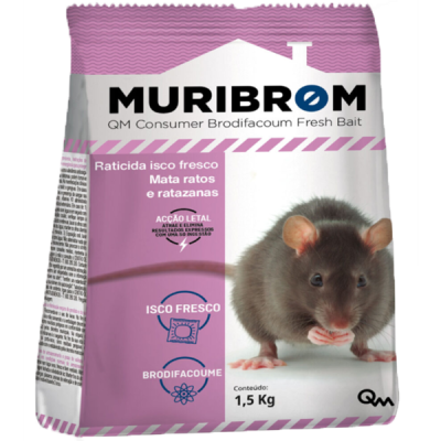 Embalagem de raticida fresco Muribrom com imagem de rato cinzento