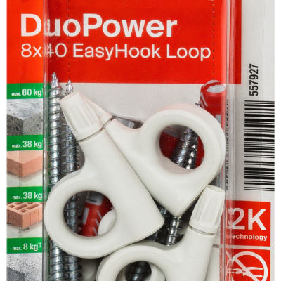 Conjunto DuoPower EasyHook Loop com buchas brancas e parafusos em embalagem blister