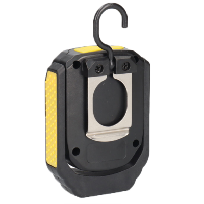 Lanterna portátil preta e amarela com gancho e clip metálico