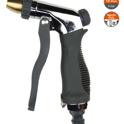 Pistola de rega de metal com punho preto e bocal dourado com indicação de pressão e fluxo