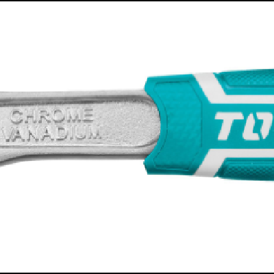 Chave inglesa ajustável em metal cromado com cabo azul-turquesa e branco