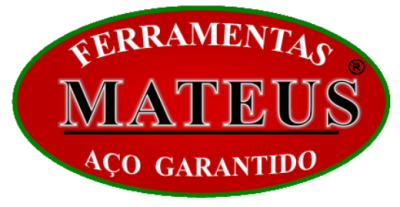 Logótipo oval vermelho e verde com texto FERRAMENTAS MATEUS AÇO GARANTIDO
