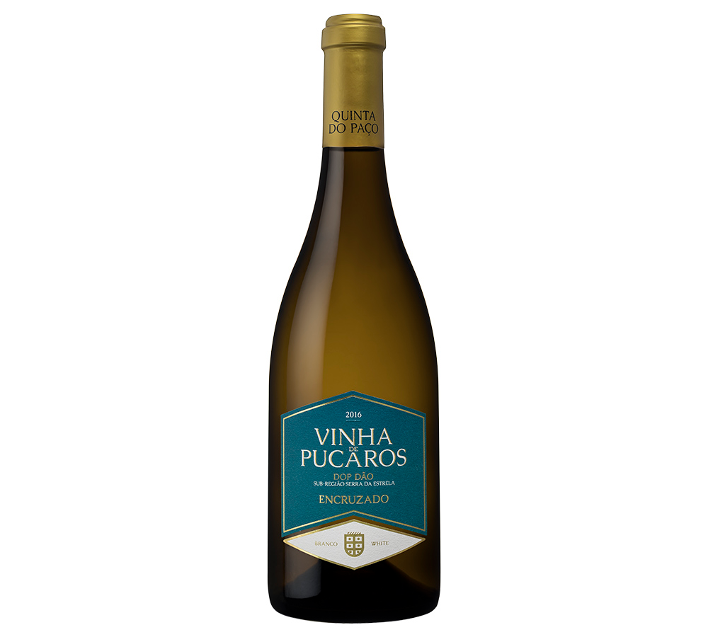 Vinha de Púcaros Encruzado 2016 Garrafa de vinho branco com rótulo azul e dourado
