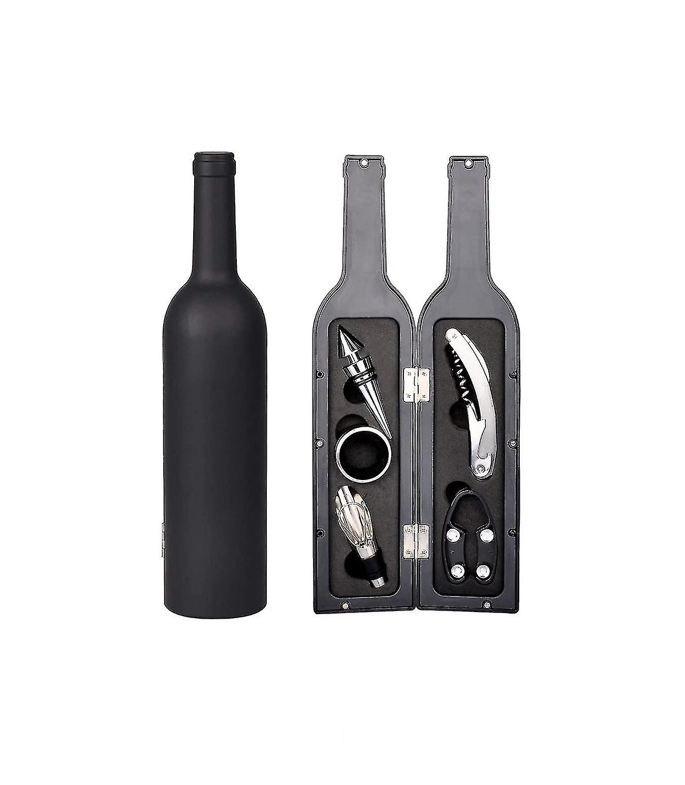 Estojo Garrafa de Vinho Grande (5 Peças) Conjunto de acessórios para vinho em embalagem forma garrafa preta