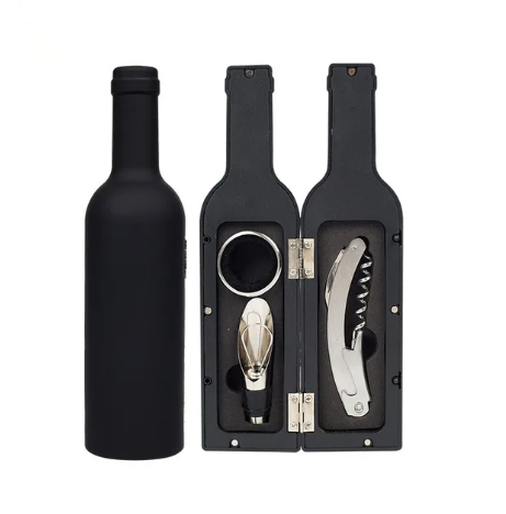 Estojo Garrafa de Vinho Pequeno (3 Peças) Conjunto de acessórios para vinho em estojo em forme de garrafa preta