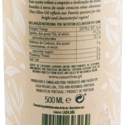 Rótulo de azeite virgem extra com informações nutricionais e código de barras