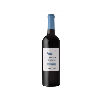 Garrafa de vinho tinto com rótulo branco e tampa azul