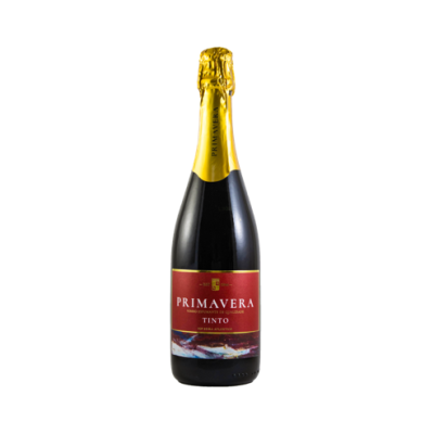 Garrafa de vinho espumante Primavera Tinto com rótulo vermelho e cápsula dourada