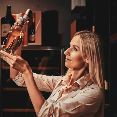 Mulher examinando uma garrafa de vinho rosé numa adega com prateleiras e outras garrafas