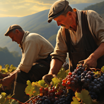 Homens a colher uvas em vinhas numa paisagem montanhosa ao pôr do sol