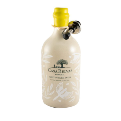 Garrafa de azeite Casa Relvas cerâmica bege com tampa amarela e desenhos brancos