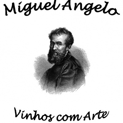 Logótipo com texto 'Miguel Ângelo' e 'Vinhos com Arte' com gravura de homem da Renascença