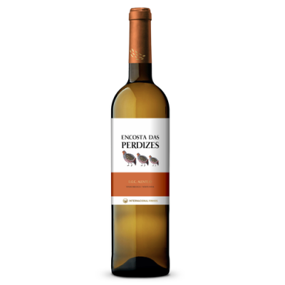 Garrafa de vinho branco Encosta das Perdizes com rótulo branco e laranja e ilustração de perdizes