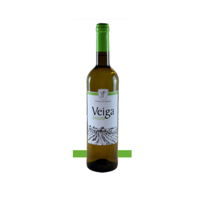 Garrafa de vinho branco com rótulo Veiga Douro e rolha verde