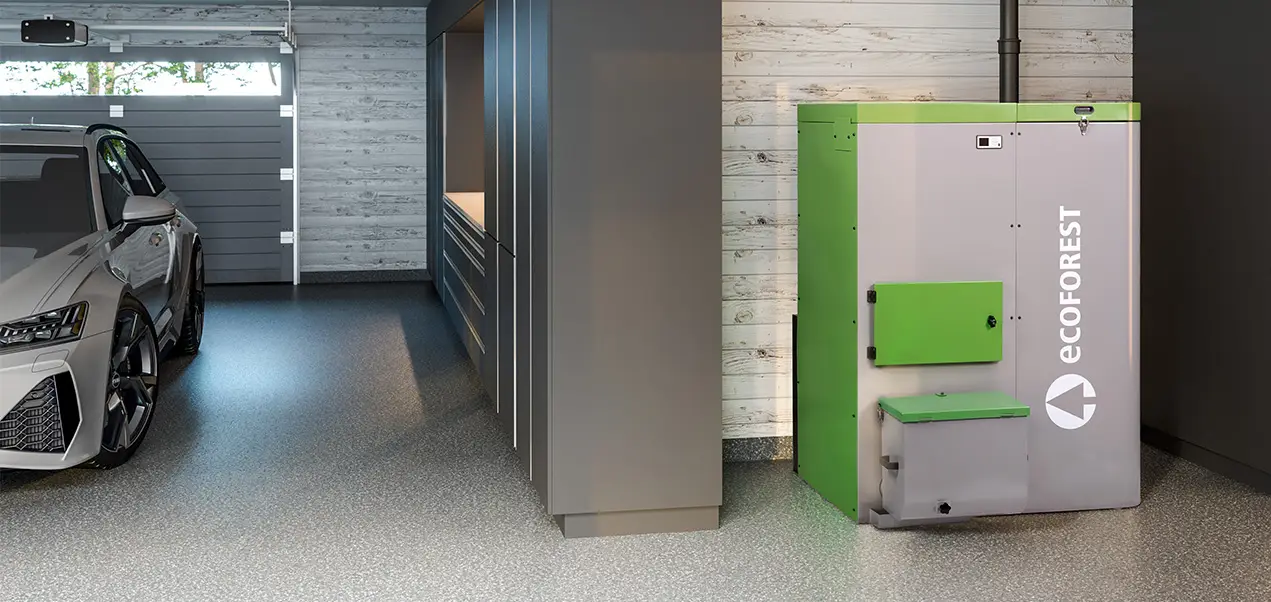 VAP 30 Garagem interior com sistema de aquecimento ECOFOREST verde e cinzento e automóvel cinzento