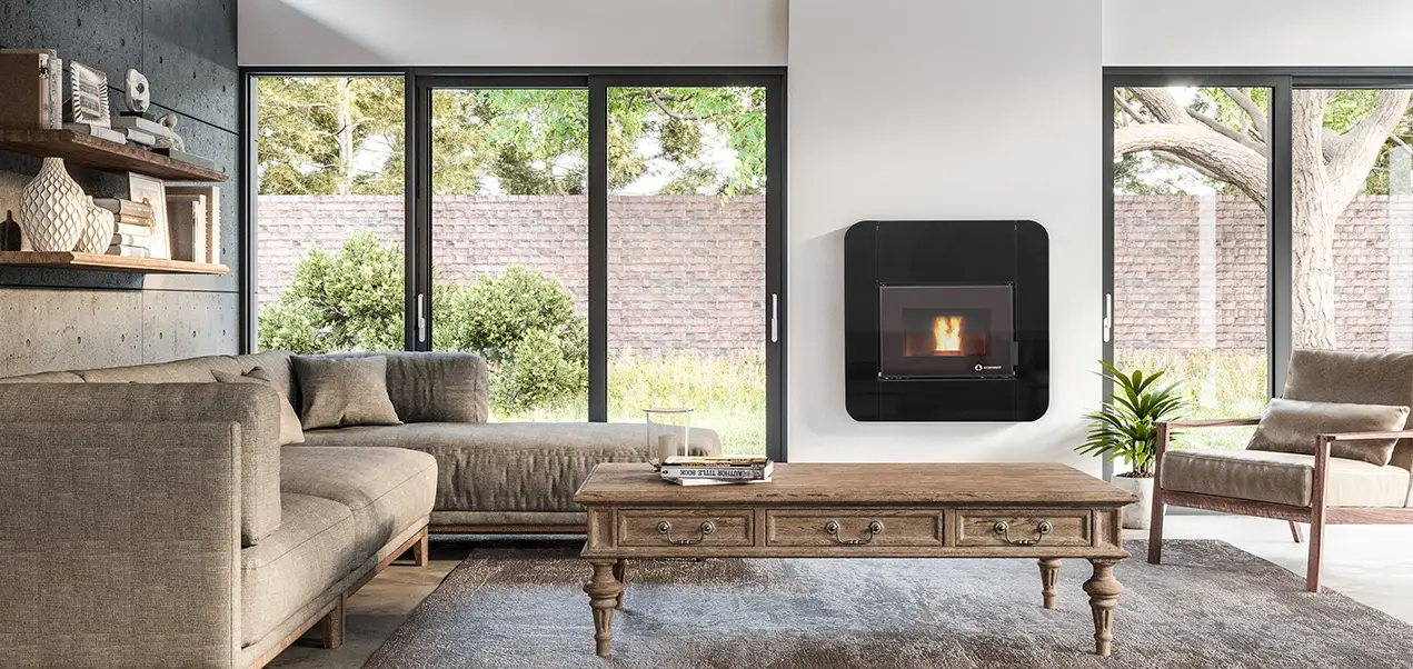 DUBLIN II Sala de estar com sofás bege, mesa de madeira, lareira preta e grandes janelas