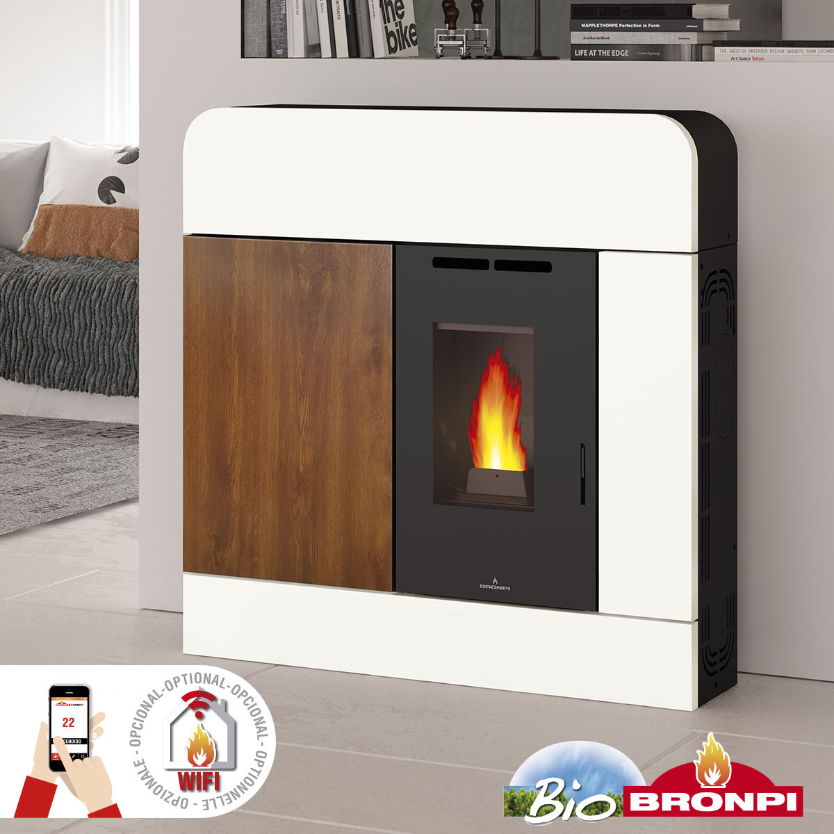 DORA Aparelho de aquecimento branco com painel de madeira e vidro com chama visível