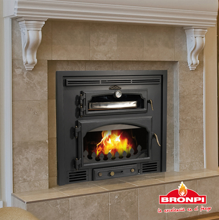 EVEREST Lareira a lenha embutida com duas portas de vidro e moldura branca