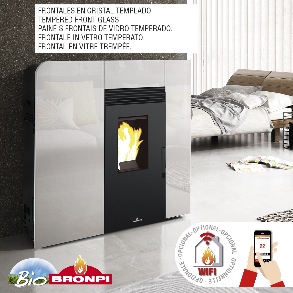 CLEO Lareira moderna em vidro temperado com controlo por WiFi num quarto claro