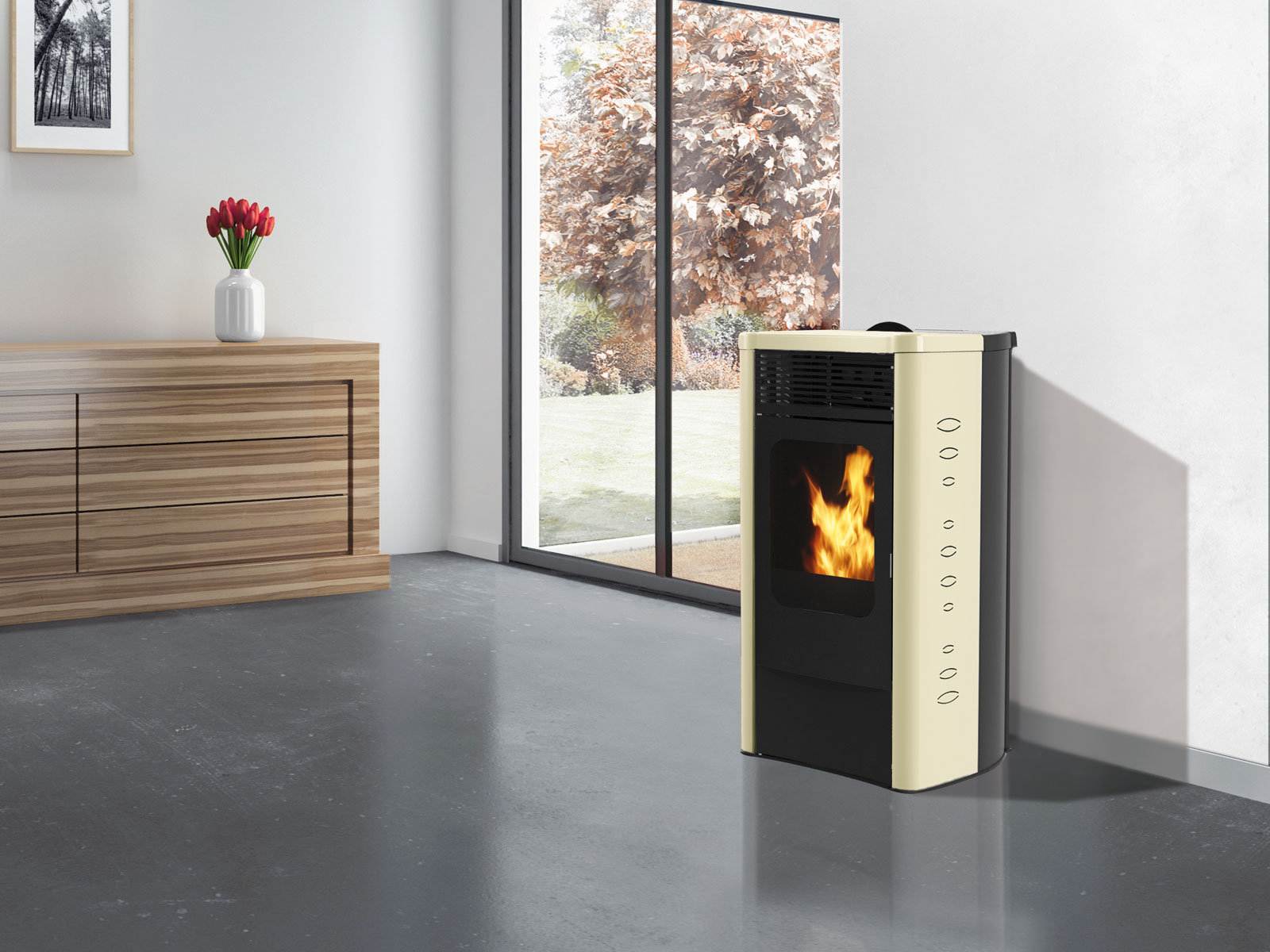 DIDA PLUS Estufa de pellets preta e bege com fogo numa sala moderna e luminosa