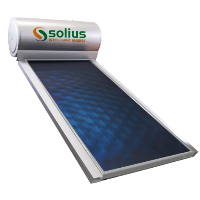 Painel solar térmico branco e azul com texto Solius