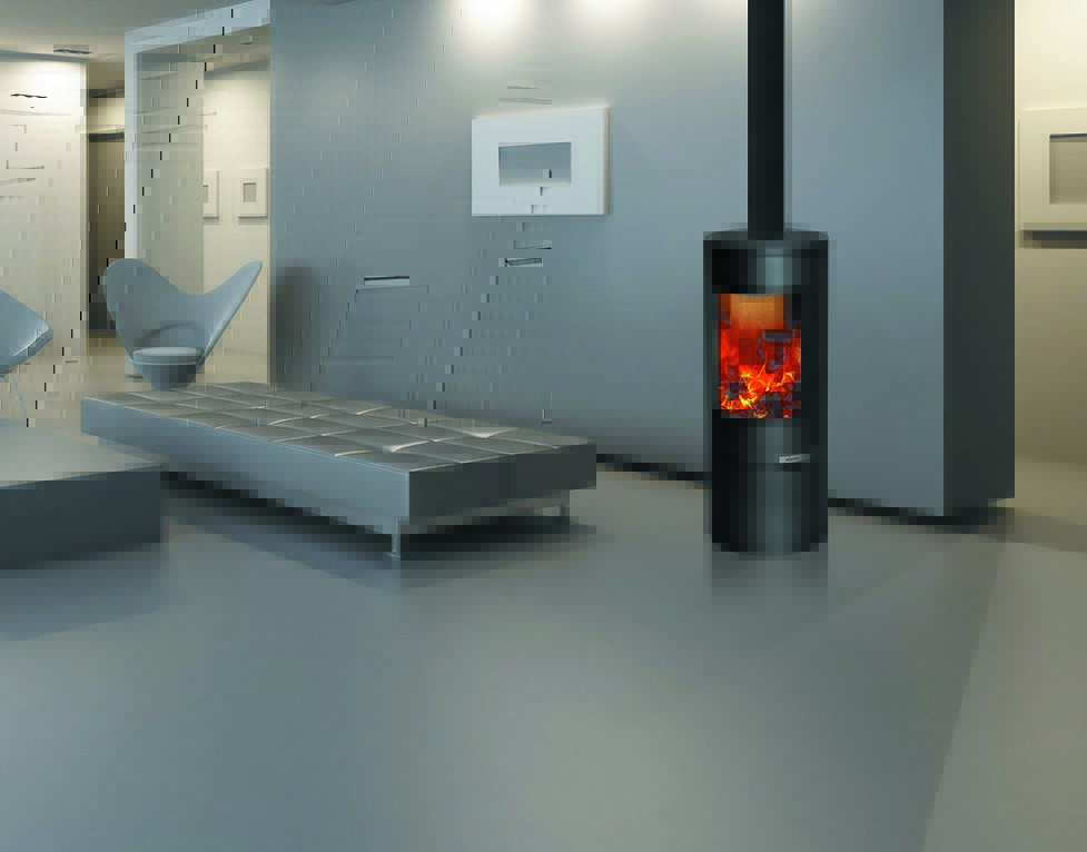 Sala moderna com lareira preta cilíndrica acesa e mobiliário cinza