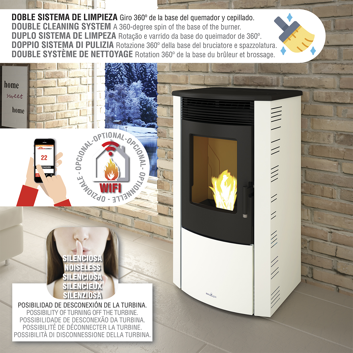 ABRIL - EXTRA Estufa branca com janela de vidro e fogo, texto explicativo, telemóvel com WiFi no canto superior esquerdo