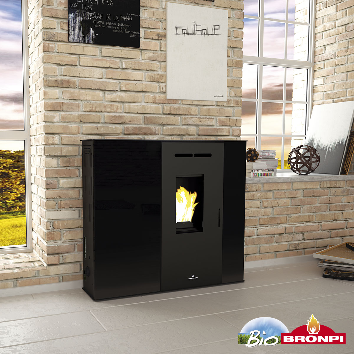 LUPE Salamandra preta com chama em parede de tijolos claros junto a janela