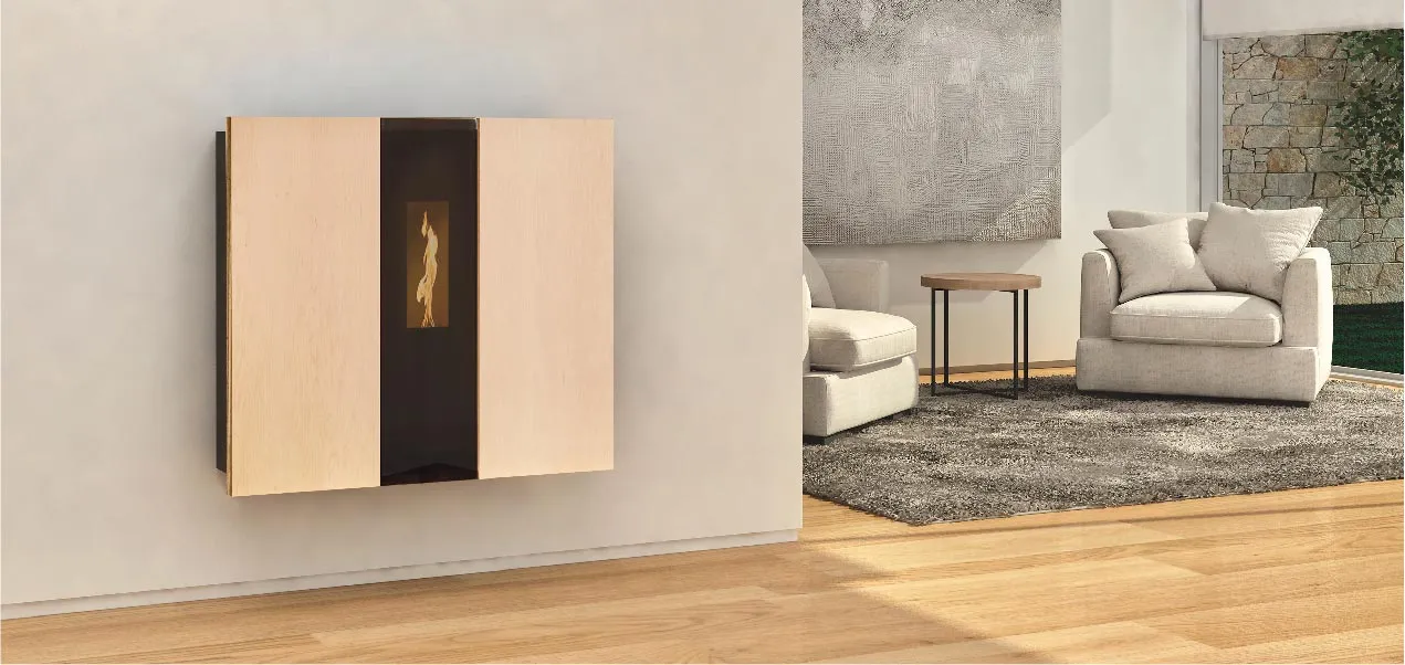 MIAMI Radiador elétrico de parede creme com faixa preta e janela de vidro, em sala moderna com chão de madeira e tapete cinzento