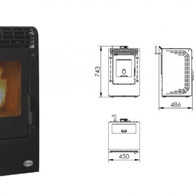 Aparelho de aquecimento a pellet preto e cinza com vidro frontal mostrando chama e esquemas técnicos com medidas