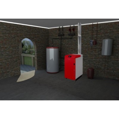 Sala com aparelho de aquecimento central vermelho e branco e outros equipamentos em paredes de pedra