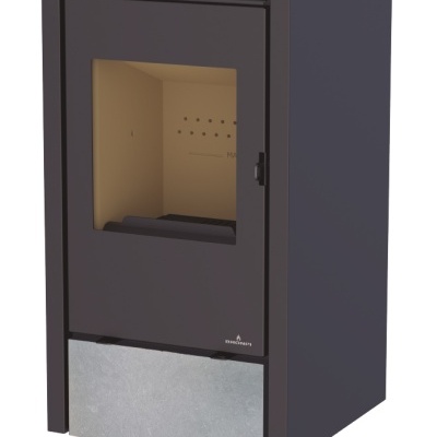 Aparelho de aquecimento para pellets preto com porta de vidro e controlo digital