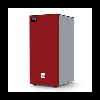 Frigorífico vermelho e cinza com etiquetas RED e azul escura