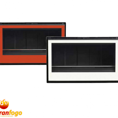 Duas lareiras decorativas retangulares, uma laranja e preta e outra branca e preta, com vidro frontal