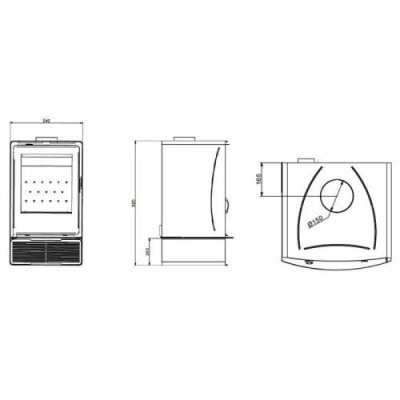 Desenho técnico de fogão ou salamandra com três vistas e medidas.